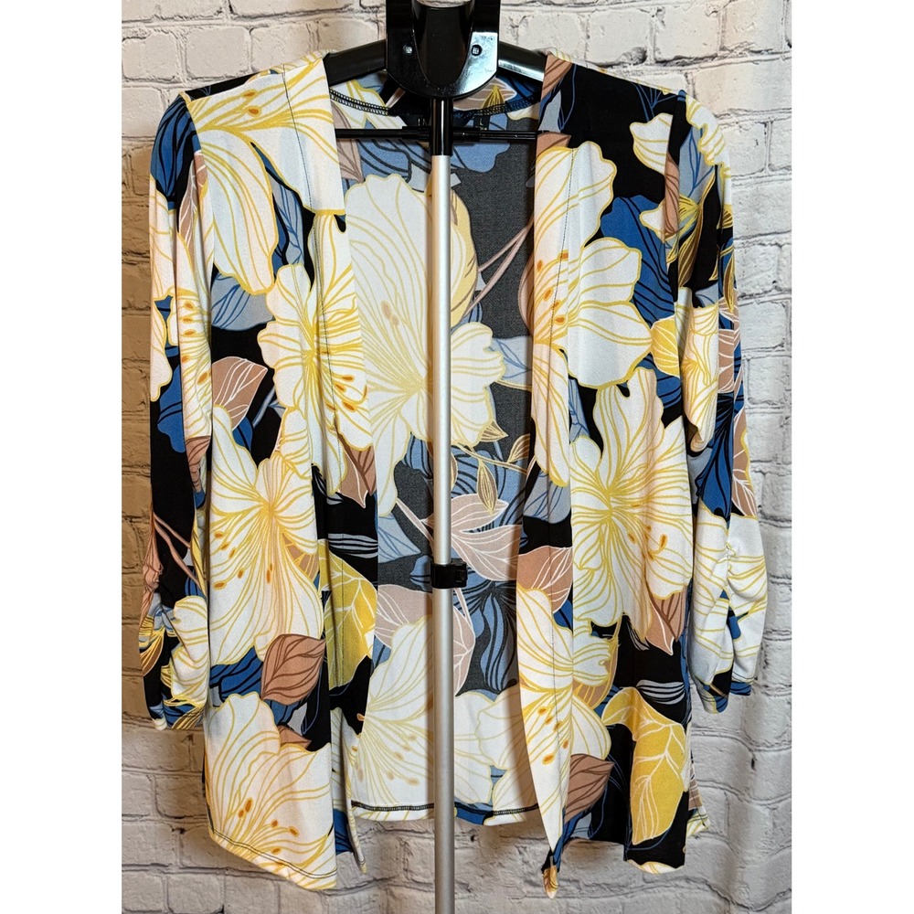 IMAN Global Chic Floral Open Front Cardigan Yellow Blue Ruched Sleeve Large